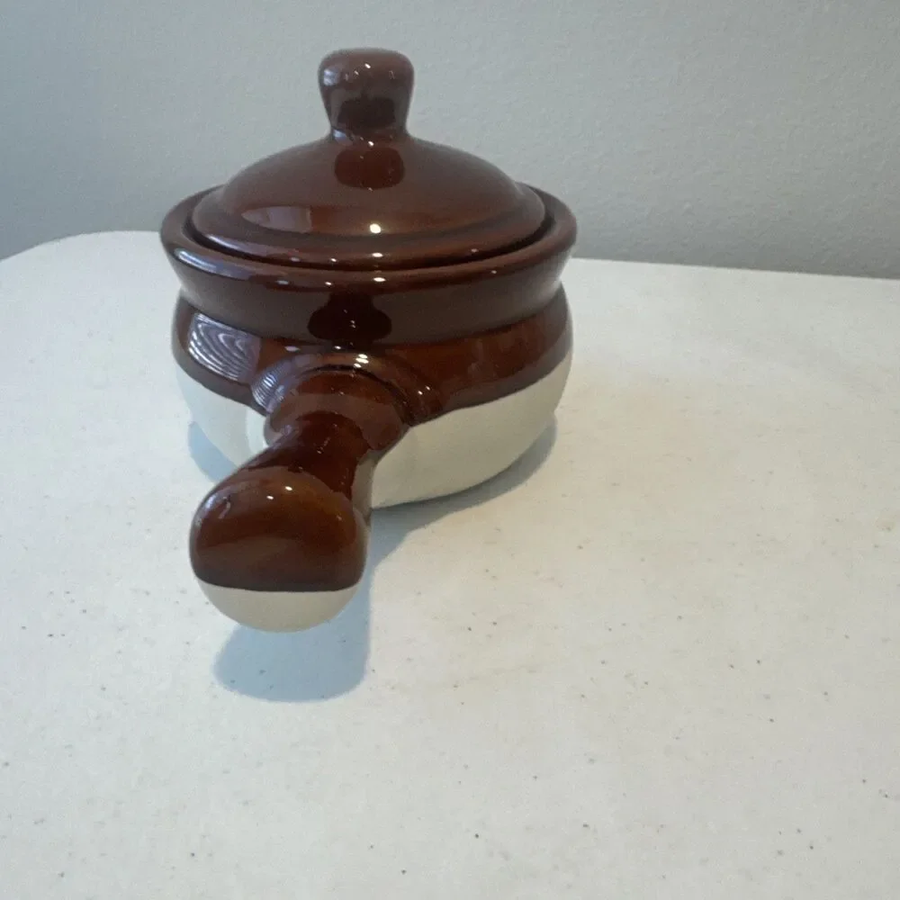Individual Covered Casserole Dish Pottery Crock with Handle 3 Tone Brown Vintage